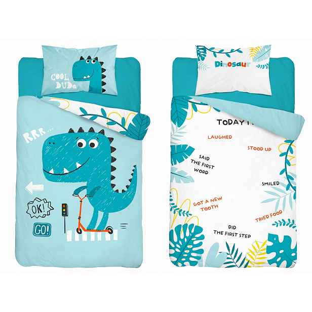 Povlečení bambusové 90x120 Dinosaurus tyrkysová bílá Detexpol
