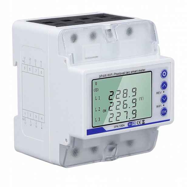 Měřič energie 3-fázový WiFi 100A Din LCD obousměrný
