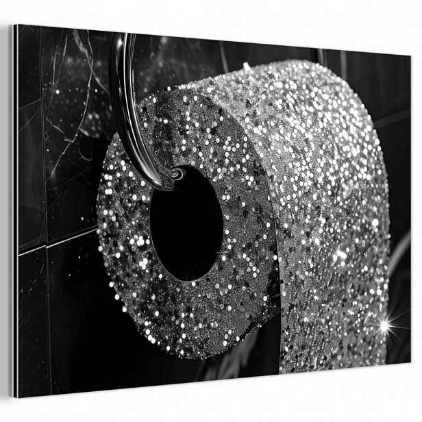 MuchoWow KOVOVÝ OBRAZ WC - Toaletní papír - Černá a bílá - Třpytky 90x60 cm