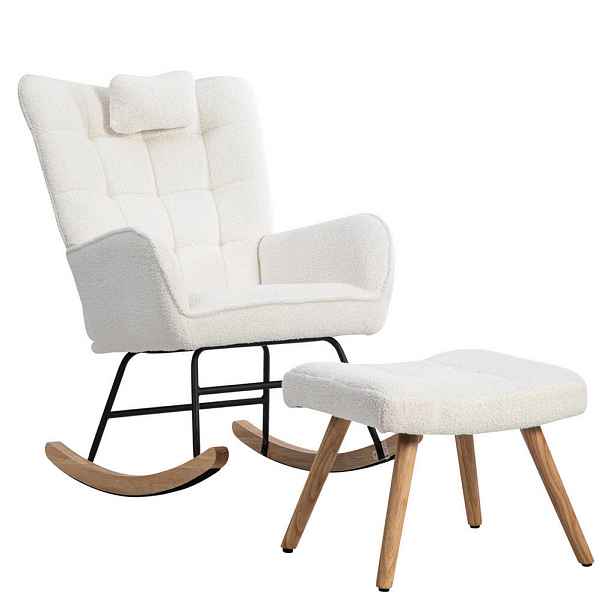 OKWISH HOUPACÍ křeslo 65/47/92 cm bílé z látky imitace beránčí kůže s podhlavníkem a podnožkou