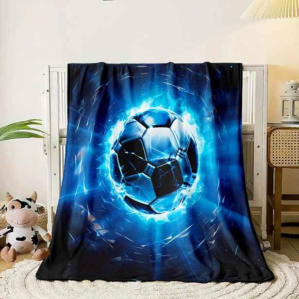 TEMU 1ks Cosy Blue Lightning Football Print Flanelová Lehká Přehozová Pro Rozkládací Pohovku Obývací Pokoj Kancelář Gauč Cestování Kempování A Postel