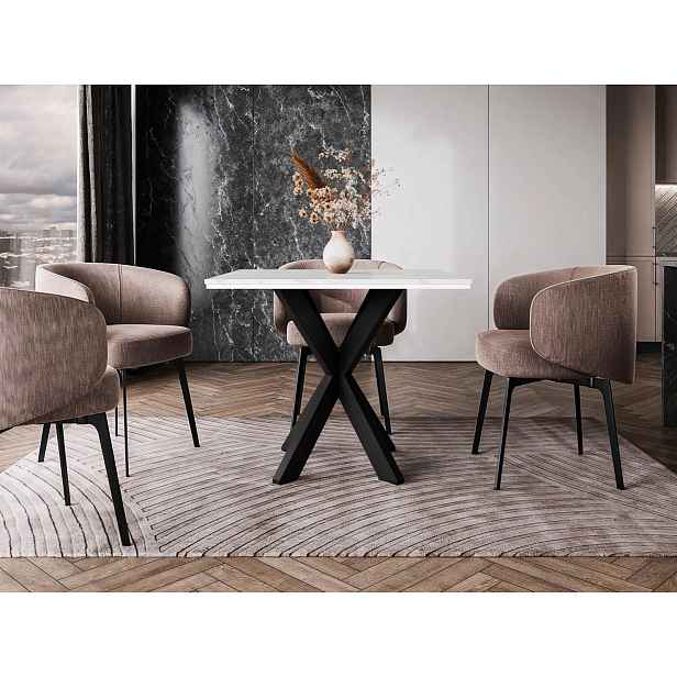 Designový jídelní stůl 90x90 MUKILTEO - mramor bílý / lesklý bílý / černý