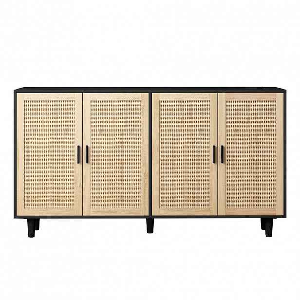 Urban Meuble SIDEBOARD dřevotříska v černé s ratanovými čely, 4 dvířka