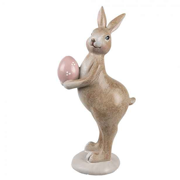 Dekorace hnědý králík s růžovým vajíčkem - 6*8*18 cm Clayre & Eef