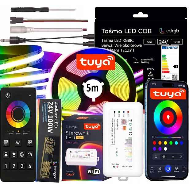 Led Páska 5 m Cob Rgbic Wifi Tuya Aplikace Dálkový Ovladač Sada Hudba Napájecí Adaptér 24 V