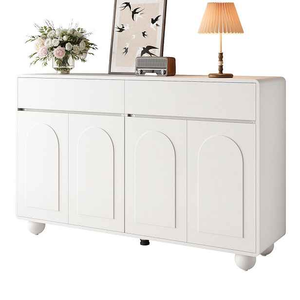 EVRYAE SIDEBOARD Komoda s obloukovými dvířky, 2 zásuvkami, 4 dvířky a kovovými kulovými nohami Bílá 1 sada PB/MDF/kov