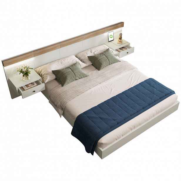 Urban Meuble ČALOUNĚNÁ POSTEL bílá 160x200 cm, dub, LED, úložný prostor, noční stolky, USB