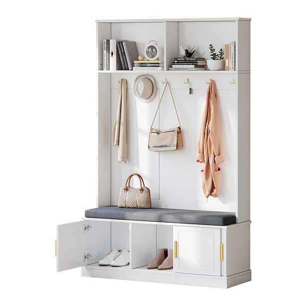 OKWISH PŘEDSÍŇOVÁ stěna 120/40/191 cm bílá z dřevotřísky s háčky a lavicí