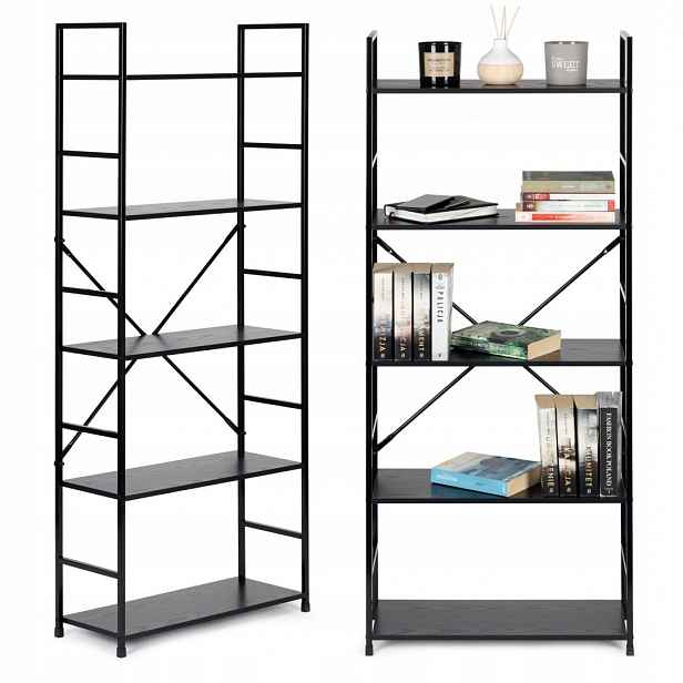 Dřevěný regál široký moderní Loft 5 polic černý ModernHome ModernHom