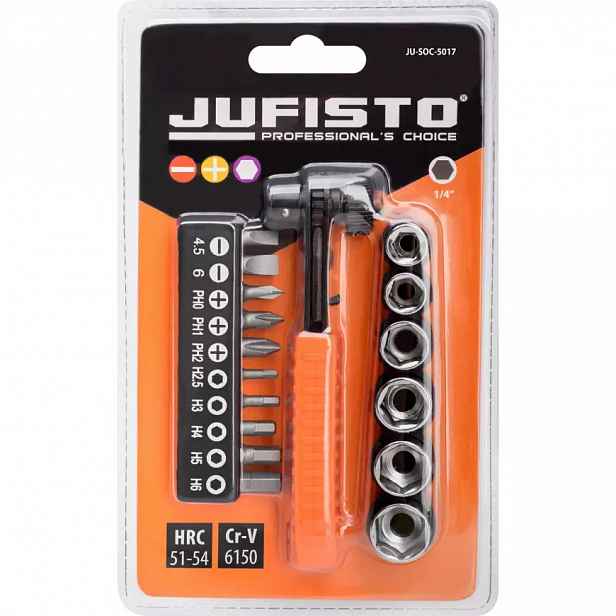 Šroubovák Jufisto ráčnový s 10ks bitů a 6ks nástrčných hlavic 1/4“