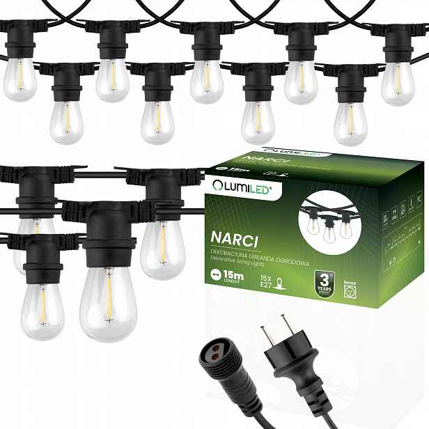 Zahradní girlanda Venkovní světelný řetěz Ozdobný 15x Led Žárovka 15 m
