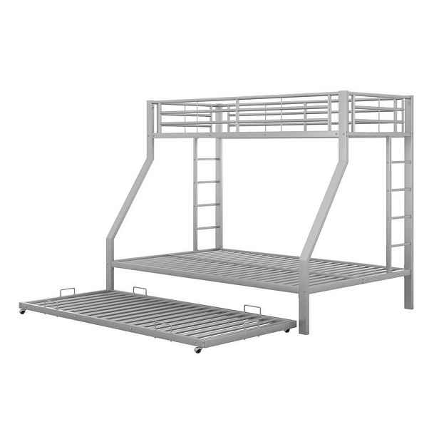 Modfu PATROVÁ postel z kovu 90x190 cm stříbrná s výsuvným lůžkem a schodišti na obou stranách