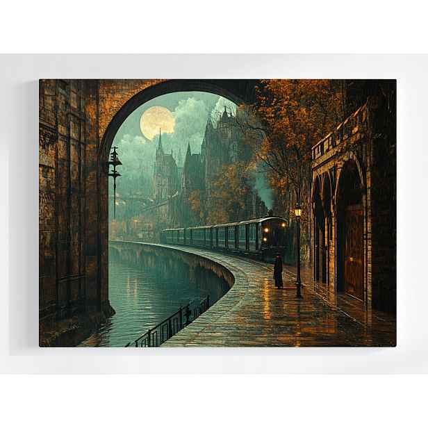 Plakát Město Noc Měsíc Železnice Vlak Podzim Liják 100x75
