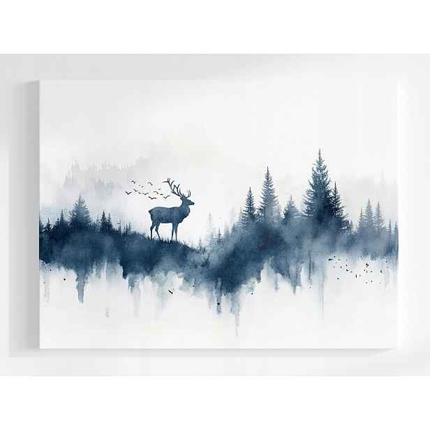Plakát Akvarel Krajina Les Stromy Jelen Ptáci Mlha 100x75