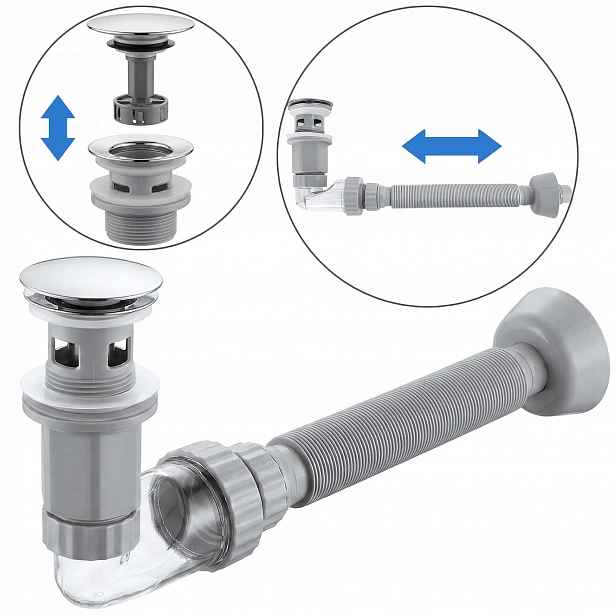 Umyvadlový Sifon 45 mm Trubka Harmonika Korek Klik-Klak Chrom Push-Open