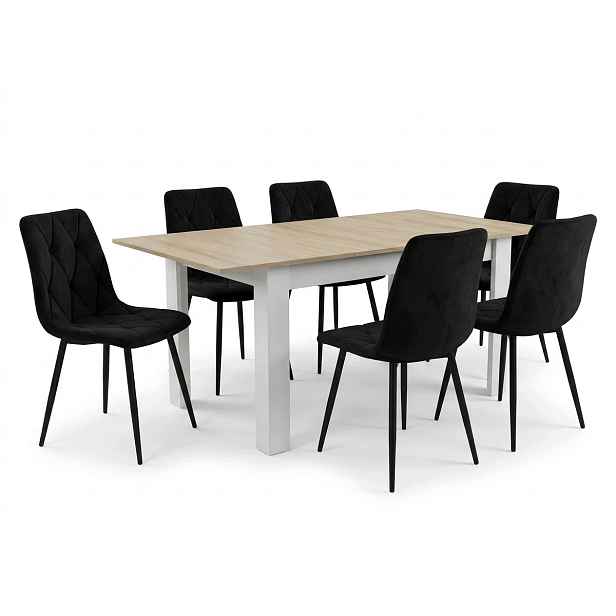 Rozkládací stůl Sonoma 120/160x80 6 černých čalouněných židlí