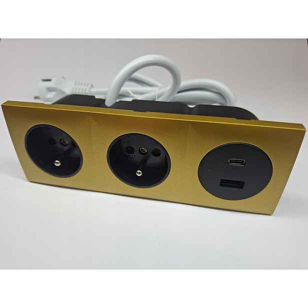 Elektrická zásuvka trojitá 2x230V 2USB zapuštěný nábytkový port zlatá