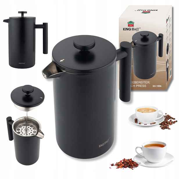 French Press KINGHoff 1L černá nerezová ocel dvojité stěny