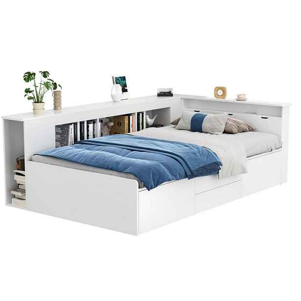 Modenvie DĚTSKÁ postýlka z MDF, 90/200 cm, bílá, s roštem, zásuvkami a úložnými prostory