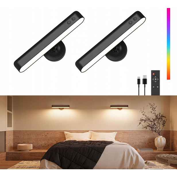 Nástěnná Led lampa s akumulátorem, 3 barvy, černá, 2 ks