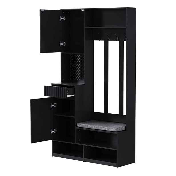 OKWISH PŘEDSÍŇOVÁ sestava 100/180/35 cm černá z MDF s lavicí, háčky a úložným prostorem