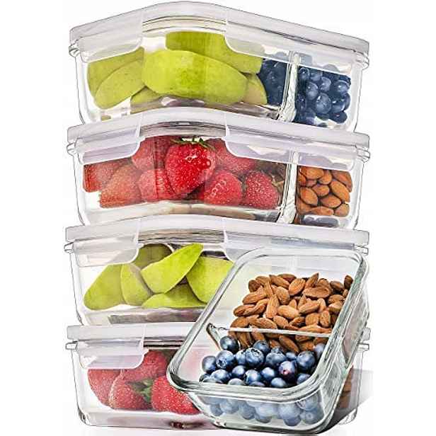 5 X Skleněné Nádoby Nádoby Na Skladování Dvoukomorové Obědové Boxy Sada 850 ML
