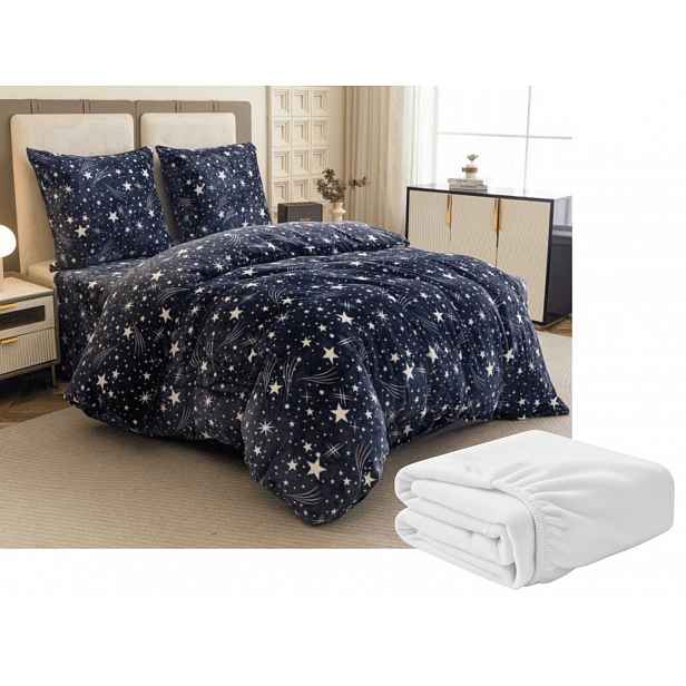 Sada 2ks mikroplyšového povlečení STARLIGHT tmavě modré + prostěradlo mikroplyš SOFT 180x200 cm bílé, dvoulůžko