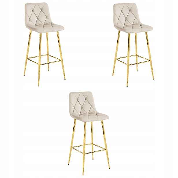 3X Barová Židle 102 CM Béžová Sametová Do Obývacího Pokoje Kuchyně