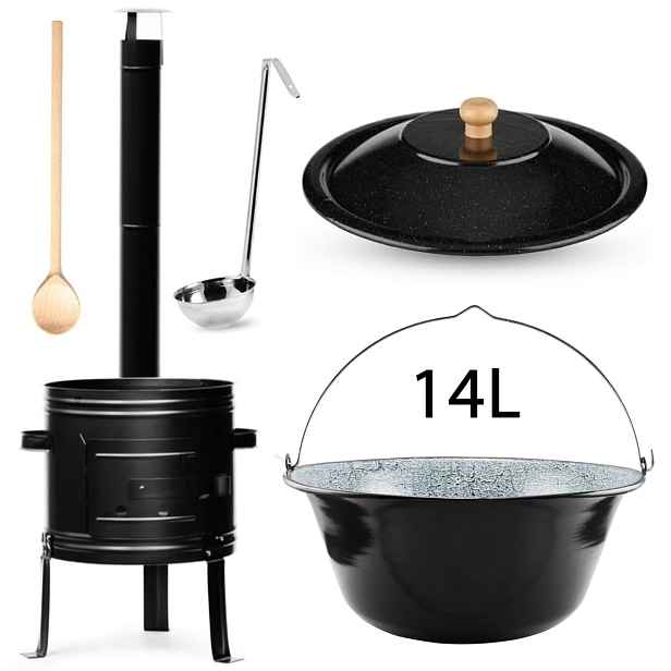 Perfect Home KotlinaSet008 Železná kotlina s komínem, kolenem 36 cm + smaltovaný kotlík s poklicí na guláš 14 L + Vařečka + Naběračka ZDARMA, 5 ks