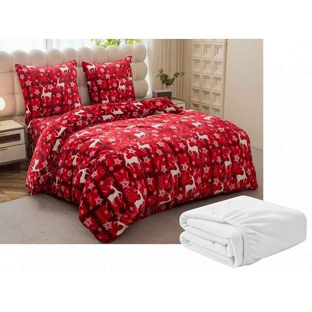 Sada mikroplyšového povlečení VELVET CHRISTMAS červené + prostěradlo mikroplyš SOFT 90x200 cm bílé, jednolůžko