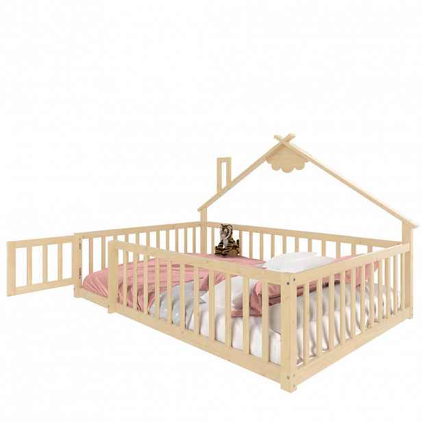 Modfu DĚTSKÁ postel z borovice a MDF 140x190 cm přírodní s boční zábranou a designem domečku
