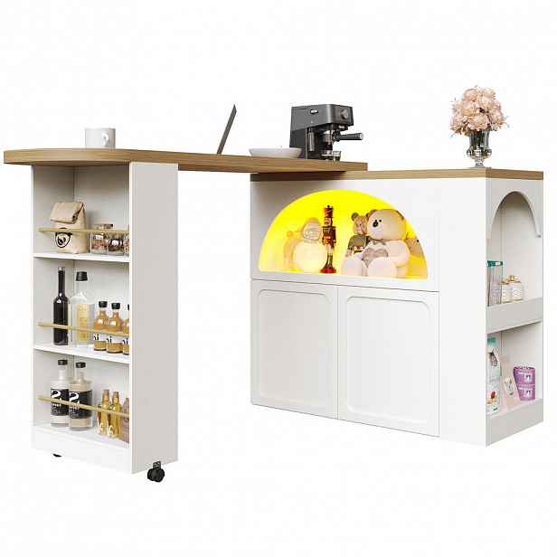 Modfu BAROVÝ stůl z MDF 135-205x39x100 cm bílý, rozkládací, pojízdný s LED, USB a úložným prostorem