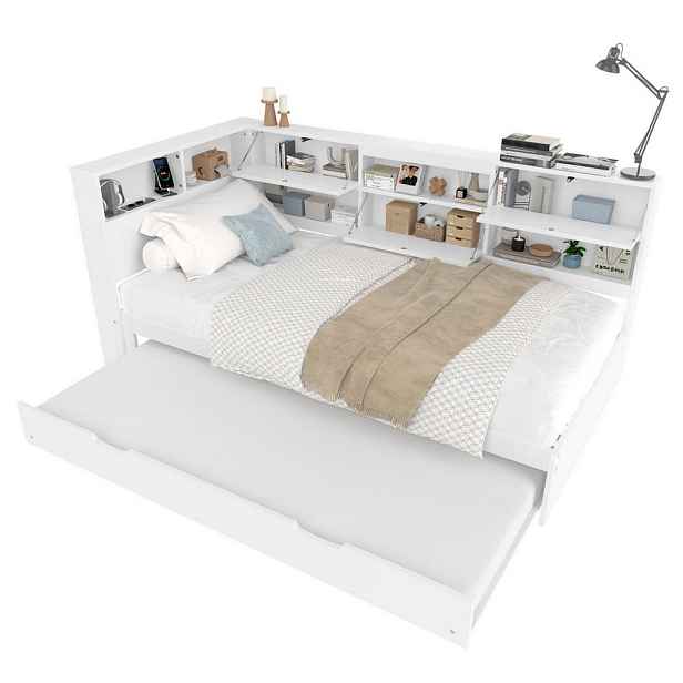 Redom POSTEL 90/200 cm s výsuvným lůžkem, úložným čelem, USB a USB-C, borovice/MDF, Bílá