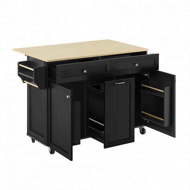 Modfu KUCHYŇSKÝ ostrov z MDF 140x40-70x92 cm černý/přírodní s výsuvnou deskou, zásuvkami a kolečky