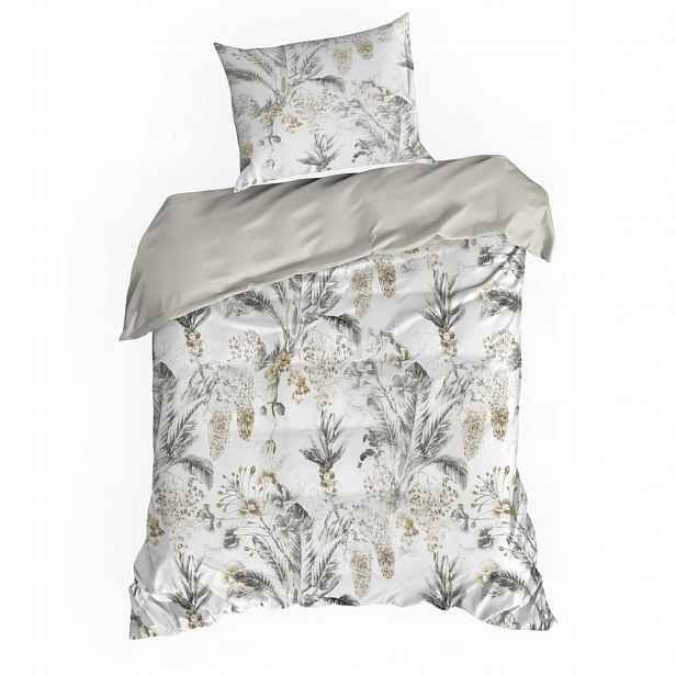 Povlečení saténové Spring 140x200 bílá ocelová botanický rostlinný vzor
