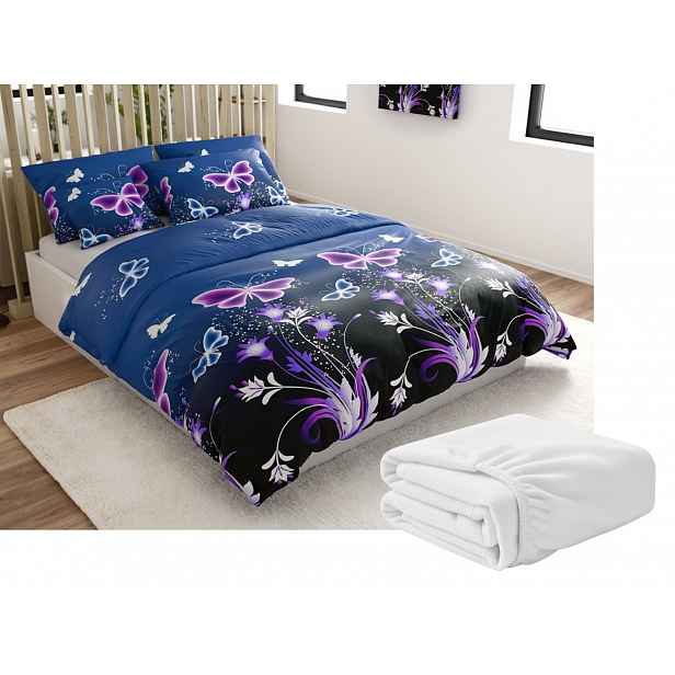 Sada mikroplyšového povlečení VIOLET BUTTERFLY tmavě modré + prostěradlo mikroplyš SOFT 180x200 cm bílé, dvoulůžko