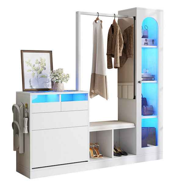 OKWISH PŘEDSÍŇOVÁ sestava 163/50/161 cm bílá z dřevotřísky s LED osvětlením a skrytým botníkem