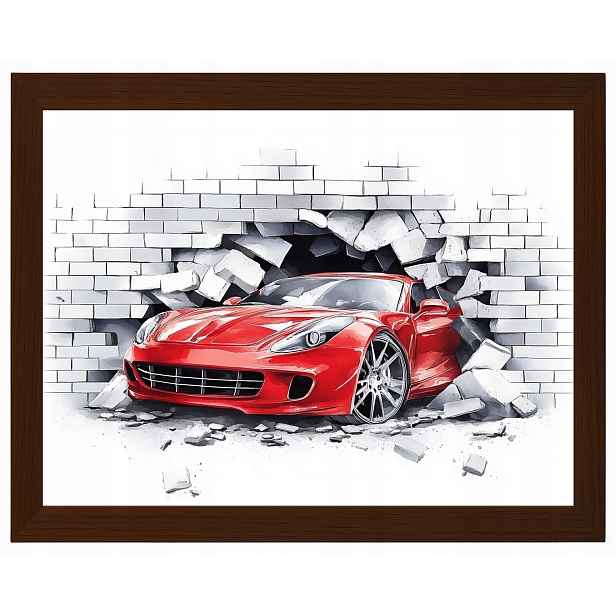 Plakát Rámeček Dřevo Červené Auto Ferrari Mur 3D 80x60