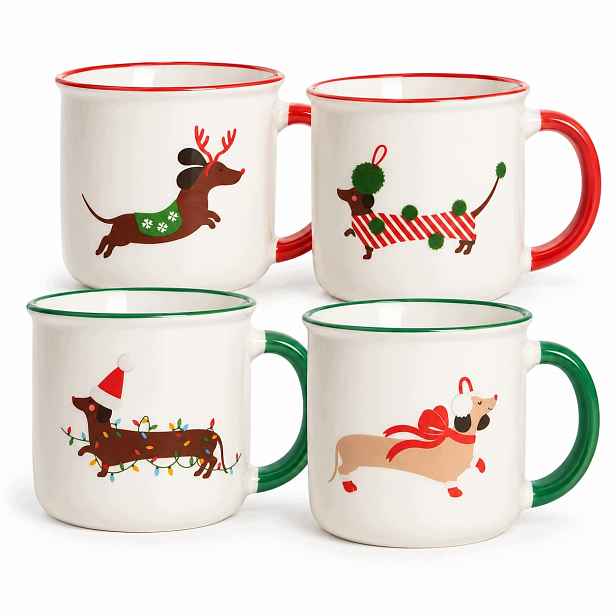 Sada 4ks porcelánový hrnek Ringi s vánočním jezevčíkem 0,4 l Homla