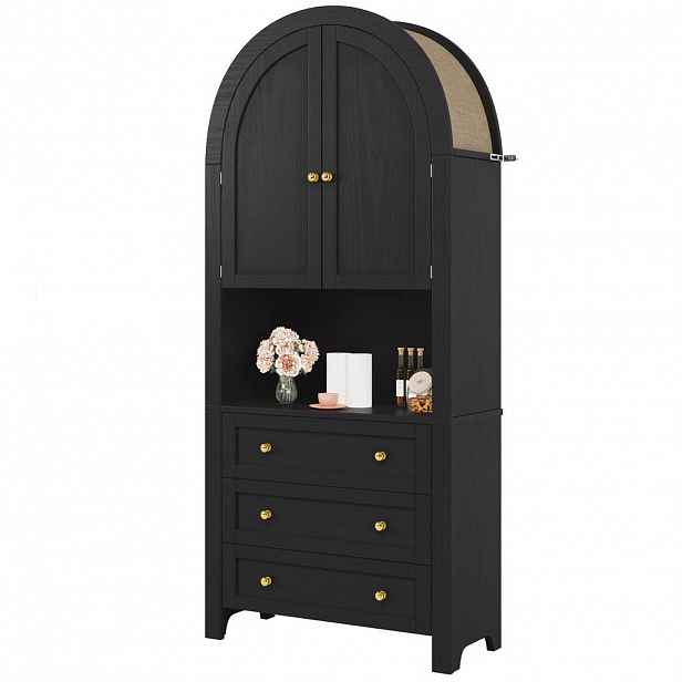 Modfu VYSOKÁ skříňka z MDF 70x35x180 cm černá se 3 zásuvkami, dvířky a otevřenou policí v obloukovém designu