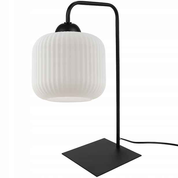 Stolní Lampa Noční Lampa Černá, Skleněné Stínidlo Bílé, Rýhované E27