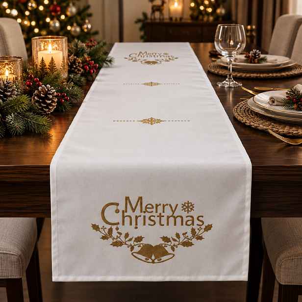 Vánoční běhoun na stůl HOLLY CHRISTMAS bílá 35x180 cm