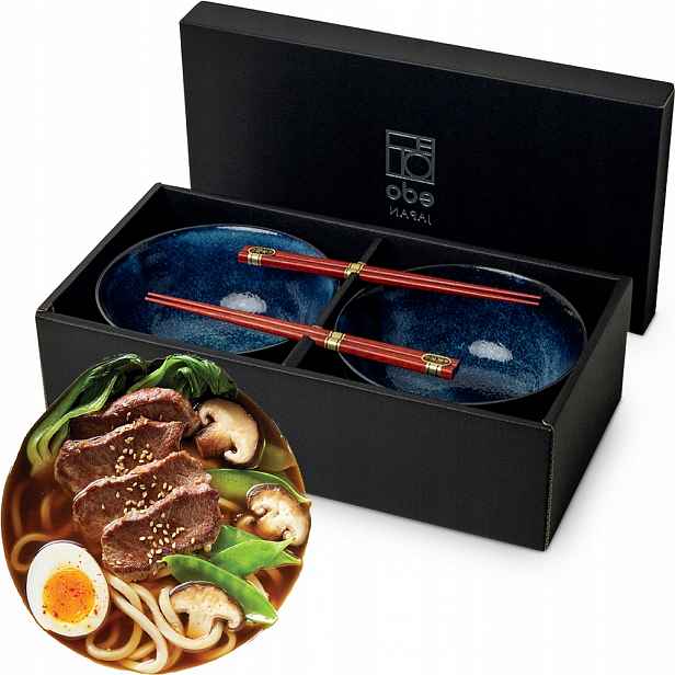 Sada modrých misek 17 cm na těstoviny Udon s tyčinkami Izayoi Edo