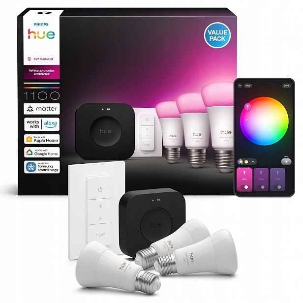 3x E27 Led žárovka 8,1W 1100lm Rgb Bridge Pro Dálkový Ovladač Philips Hue