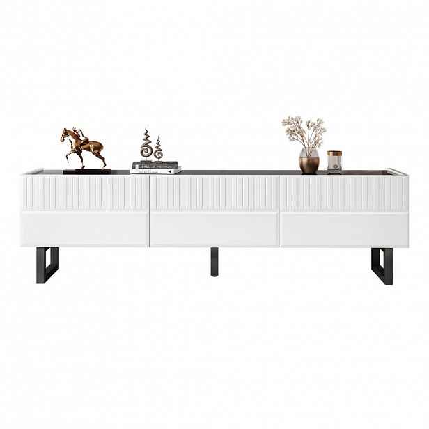 Modfu TV stolek z MDF a dřevotřísky 170x35x47 cm černo-bílý s úložnými zásuvkami a deskou ve vysokém lesku