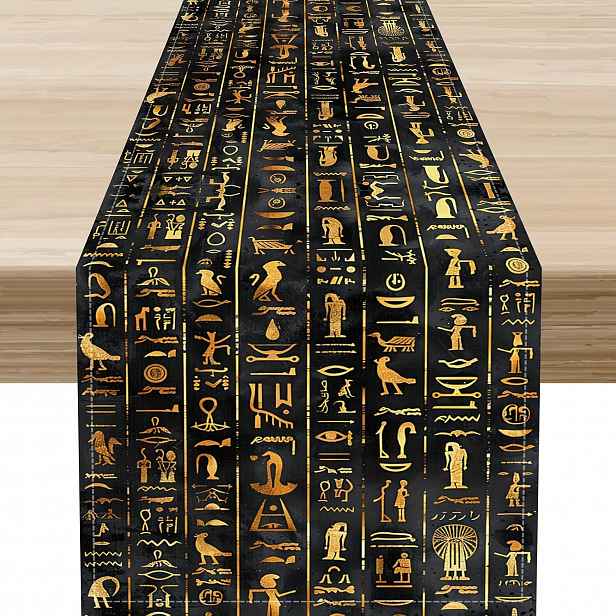 TEMU 1 ks, Dokriy, Egyptský běhoun na stůl, Egyptská mytologie, Africké hieroglyfy, Abecední nástěnné malby, Černý , Dekorace na stůl do rodinné