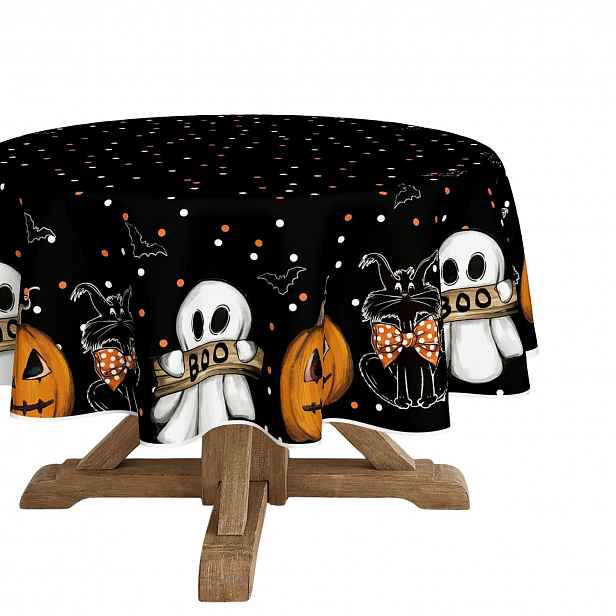 Halloweenský Ubrus Kulatý 140 CM Dýně Duchové Kočky Černý Polyester