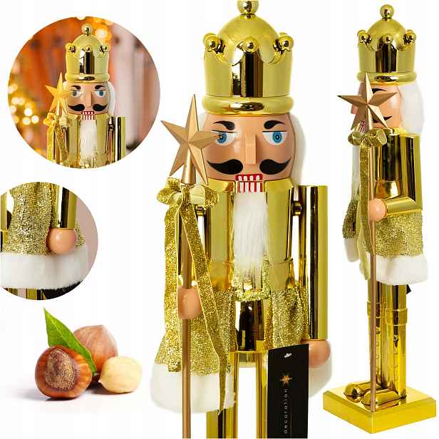 Figurka Louskáček 60 CM Vánoční Zlatá Čepice S Vánoční Ozdobou
