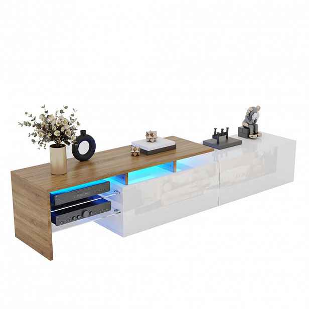 Modfu TV stolek z dřevotřísky 170x33x33,5 cm bílá/přírodní se skleněnými policemi, LED osvětlením a úložným prostorem