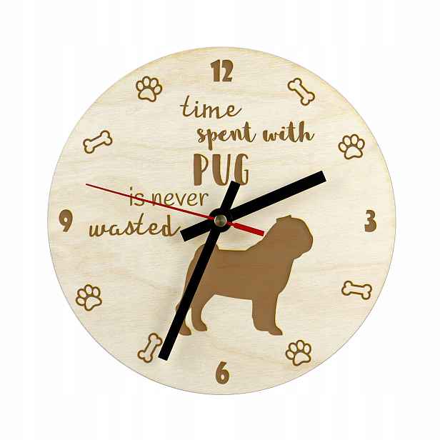 Mops, Pug gravírovaný hodinový stroj se psem, průměr 30 cm, jméno psa